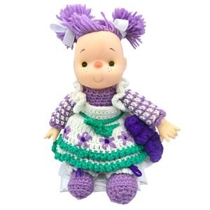 Vintage 80s Handmade Crochet 12" Fibre Craft "Ice Cream Face" Doll Purple